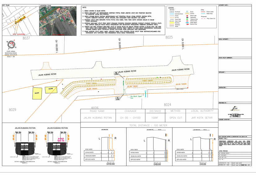 As-built utility detection mapping plan for Jalan Kubang Rotan with key plan, cross-sections and legend