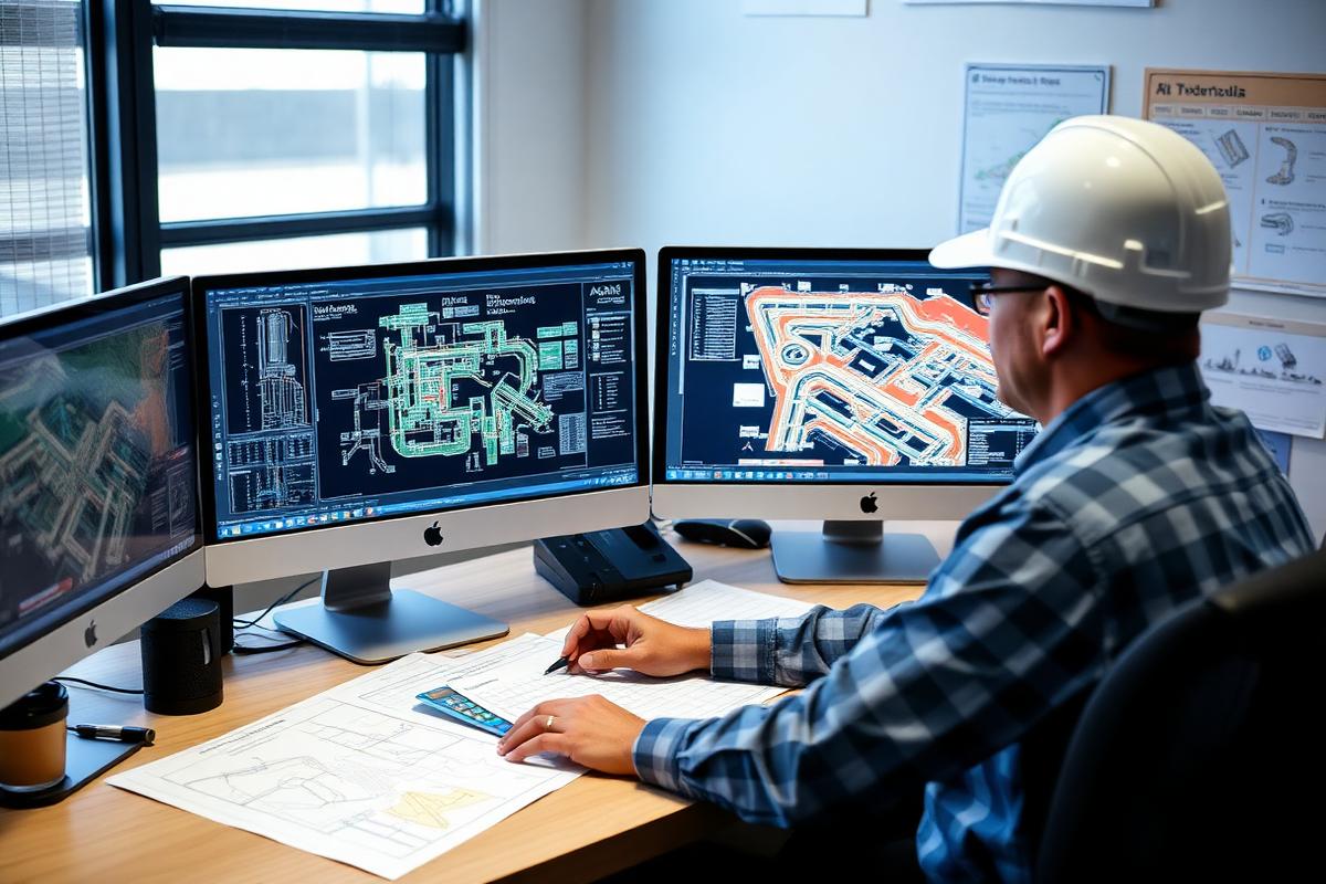 Engineer drafting utility plans in AutoCAD with GIS data